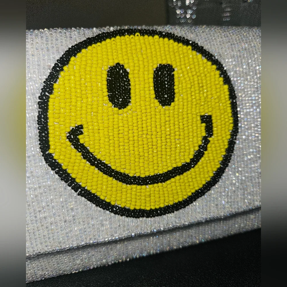 White Beaded Smiley Face Emoji Clutch/ Shoulder Bag